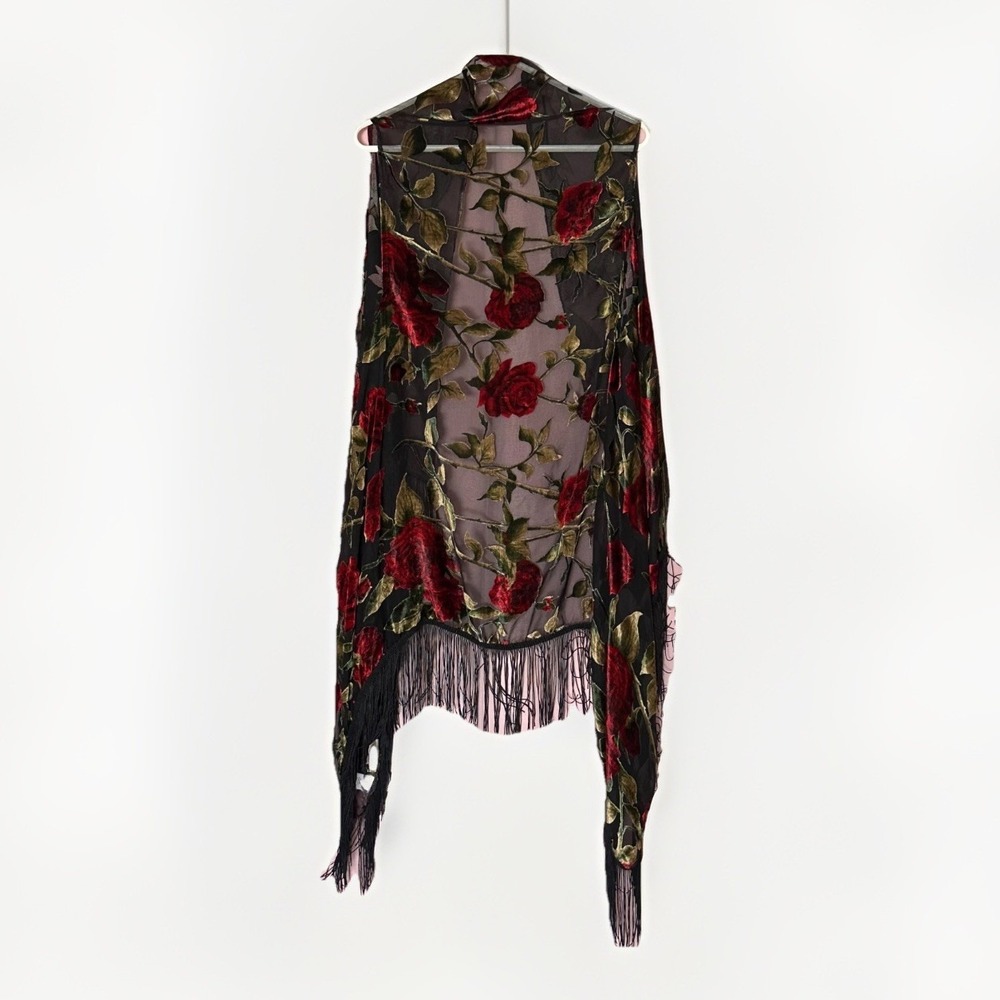 Sheer Velvet Burnout Floral Fringe Kimono Duster Black Whimsigoth Festival - Picture 4 of 6